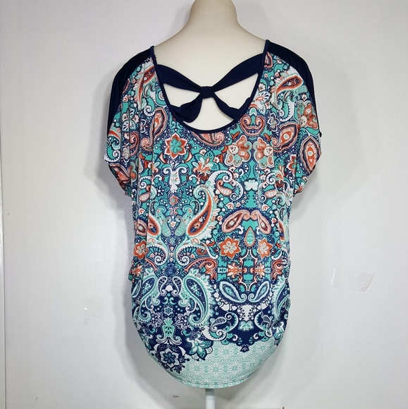 Orange and Blue Relaxed Dolman Sleeve Blouse - Picture 5 of 6